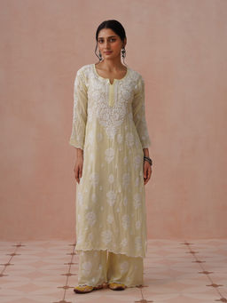 House of Chikankari - Yellow Modal Embroidered Chikankari Kurta with Pant