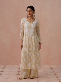 House of Chikankari - Beige Modal Embroidered Chikankari Kurta with Pant
