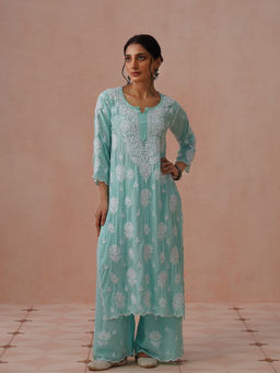 House of Chikankari - Blue Modal Embroidered Chikankari Kurta with Pant