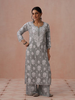 House of Chikankari - Grey Modal Embroidered Chikankari Kurta with Pant