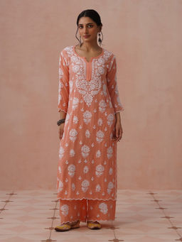 House of Chikankari - Peach Modal Embroidered Chikankari Kurta with Pant