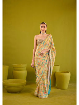Old Marigold - Kashish Yellow Crepe Saree With Blouse with Stitched