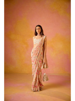 Old Marigold - Leher Cream Crepe Saree With Blouse with Stitched