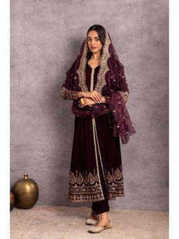 SEW - Wine Velvet Kurta and Pant with Organza Dupatta