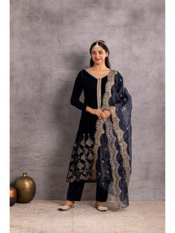 SEW - Navy Blue Velvet Kurta and Pant with Organza Dupatta