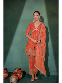 SEW - Rust Embroidered Velvet Kurta and Palazzo with Dupatta