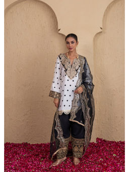 SEW - Black Polka Dot Farshi Kurta and Salwar with Dupatta
