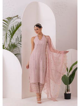 SEW - Pink Sequence Embroidered Halter Kurta and Palazzo with Dupatta