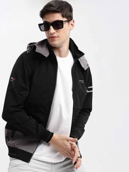 SHOWOFF - Colour Block Black Bomber Jacket with Detachable Hood