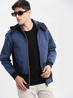 SHOWOFFFF - Colour Block Blue Bomber Jacket with Detachable Hood