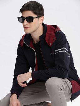 SHOWOFF - Colour Block Navy Bomber Jacket with Detachable Hood