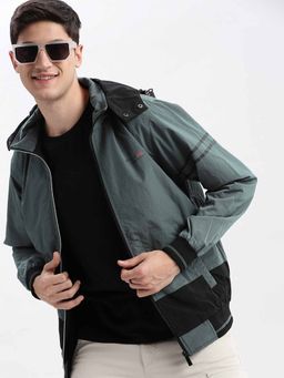 SHOWOFFFF - Colour Block Teal Bomber Jacket with Detachable Hood