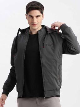 SHOWOFFFF - Solid Grey Bomber Jacket with Detachable Hood