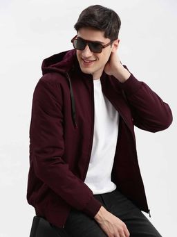 SHOWOFF - Solid Maroon Bomber Jacket with Detachable Hood