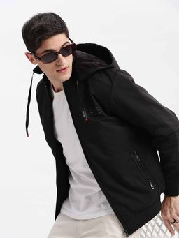 SHOWOFFFF - Solid Black Bomber Jacket with Detachable Hood