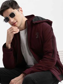 SHOWOFFFF - Solid Maroon Bomber Jacket with Detachable Hood