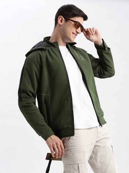 SHOWOFFFF - Solid Olive Bomber Jacket with Detachable Hood