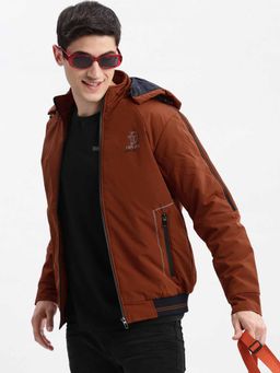 SHOWOFFFF - Solid Brown Bomber Jacket with Detachable Hood