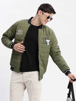 SHOWOFF - Typography Olive Puffer Jacket