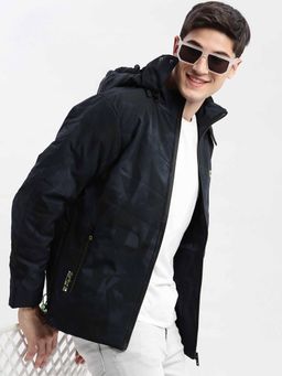 SHOWOFFFF - Self Design Navy Blue Puffer Jacket with Detachable Hood