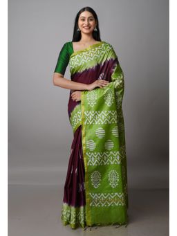 Unnati Silks - Wine & Green Pure Batik Chanderi Silk Saree with Unstitched Blouse