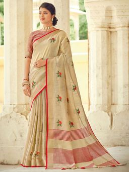 Odette - Beige Linen Saree with Unstitched Blouse