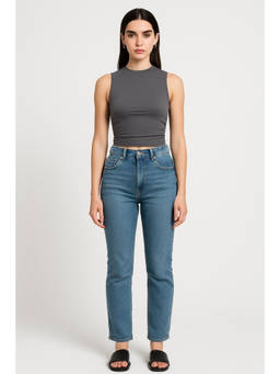 Cider - Grey Round Neckline Solid Sleeveless Ruched Crop Top