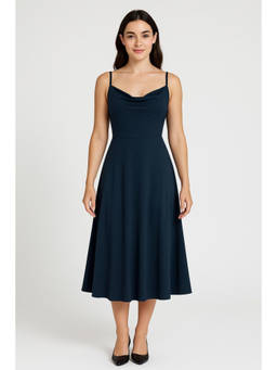 Cider - Dark Blue Cowl Neck Solid Ruched Dress