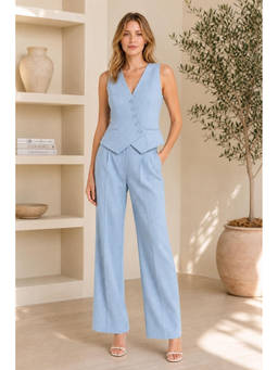 Cider - Baby Blue French Riviera Vacation Linen Blend V-Neck Solid Button Waist Coat Jacket