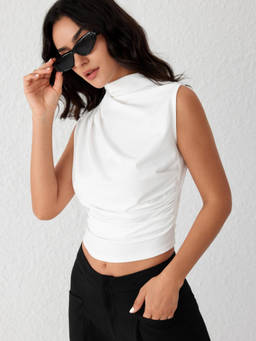 Cider - White Asymmetrical High Neck Ruched Crop Top