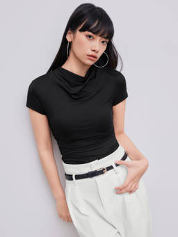 Cider - Black High Neck Ruched Short Sleeve Tee