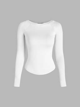 Cider - White Boat Neck Solid Long Sleeve Tee