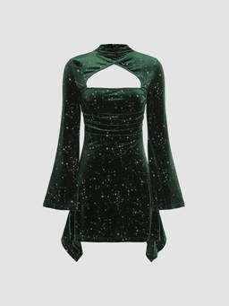 Cider - Velvet Star Pattern Bell Sleeve Short Dress