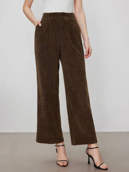 Cider - Corduroy High Waist Solid Pleated Wide Leg Trousers