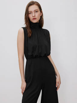 Cider - High Neck Solid Zipper Ruched Jumpsuit