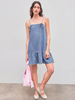Cider - Denim Solid Bowknot Ruffle Babydoll Mini Dress
