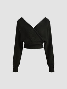 Cider - Knit V-neck Solid Wrap Crop Long Sleeve Top