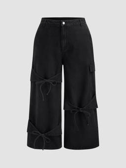Cider - Denim Mid Rise Solid Bowknot Pocket Wide Leg Jeans Curve & Plus