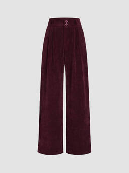 Cider - Corduroy High Waist Solid Pleated Wide Leg Trousers