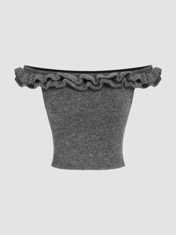 Cider - Off-Shoulder Solid Knitted Crop Short Sleeve Top