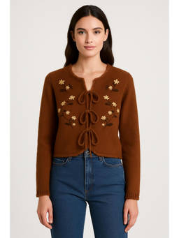 Cider - Floral Embroidery Knotted Cardigan
