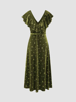 Cider - Velvet V-neck Star Ruffle Tie Back Midi Dress