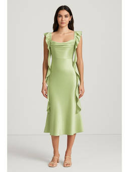 Cider - Satin Cowl Neck Solid Ruffle Hem Midi Dress