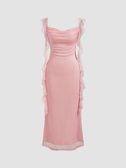 Cider - Cowl Neck Solid Glitter Ruffle Hem Midi Dress