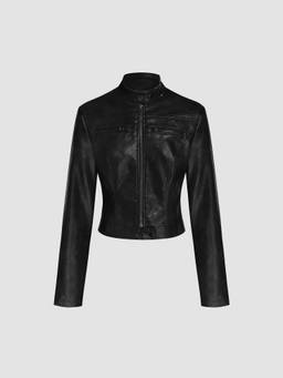 Cider - Faux Leather Stand Collar Zipper Biker Jacket