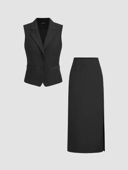 Cider - V-neck Solid Button Vest & Split Maxi Skirt Matching Set