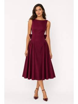 Cider - Velvet Boat Neck Bowknot Backless Midi Dress