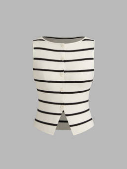 Cider - Knit Boat Neck Striped Button Split Vest