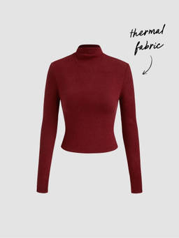 Cider - Thermal Cotton-blend Stand Collar Solid Long Sleeve Tee