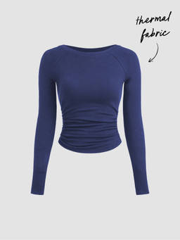 Cider - Thermal Cotton-blend Boat Neck Solid Ruched Long Sleeve Tee